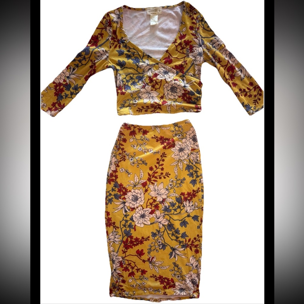 Golden State XS Skirt Top Floral Yellow 2 Piece Set High Waisted Stretch Dress
